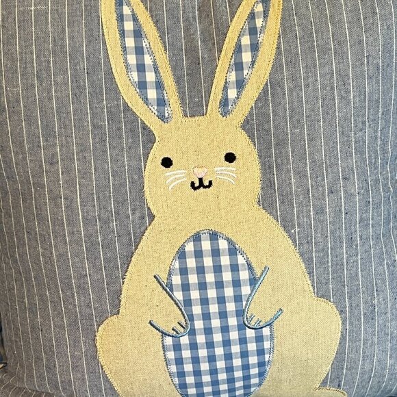 Set of Two 15” Square Bunny Rabbit Pillows Blue Gingham Print With Tails Country - Picture 8 of 9